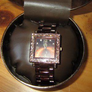Curations Women's Square Watch Quartz Shiny Brown Rhinestones CUR104 NEW